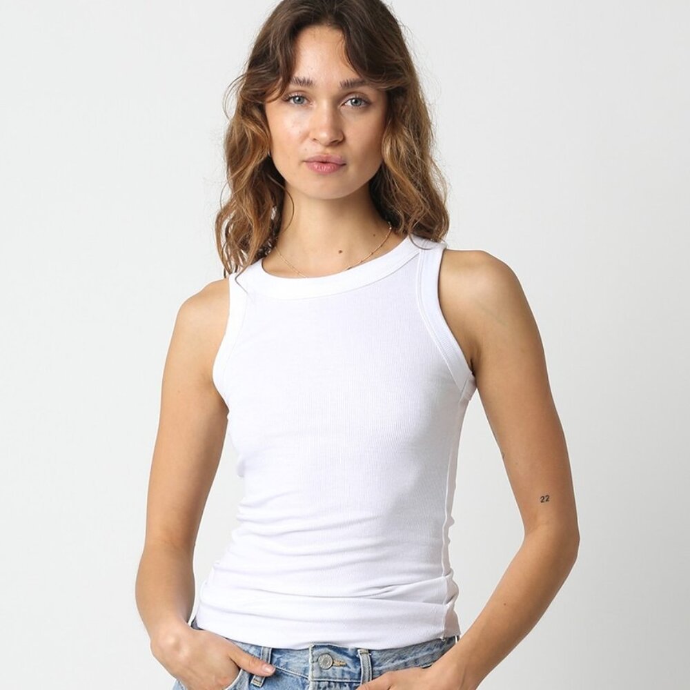 Women’s White Ribbed Tank Top – Sleeveless High Neck Fitted Top